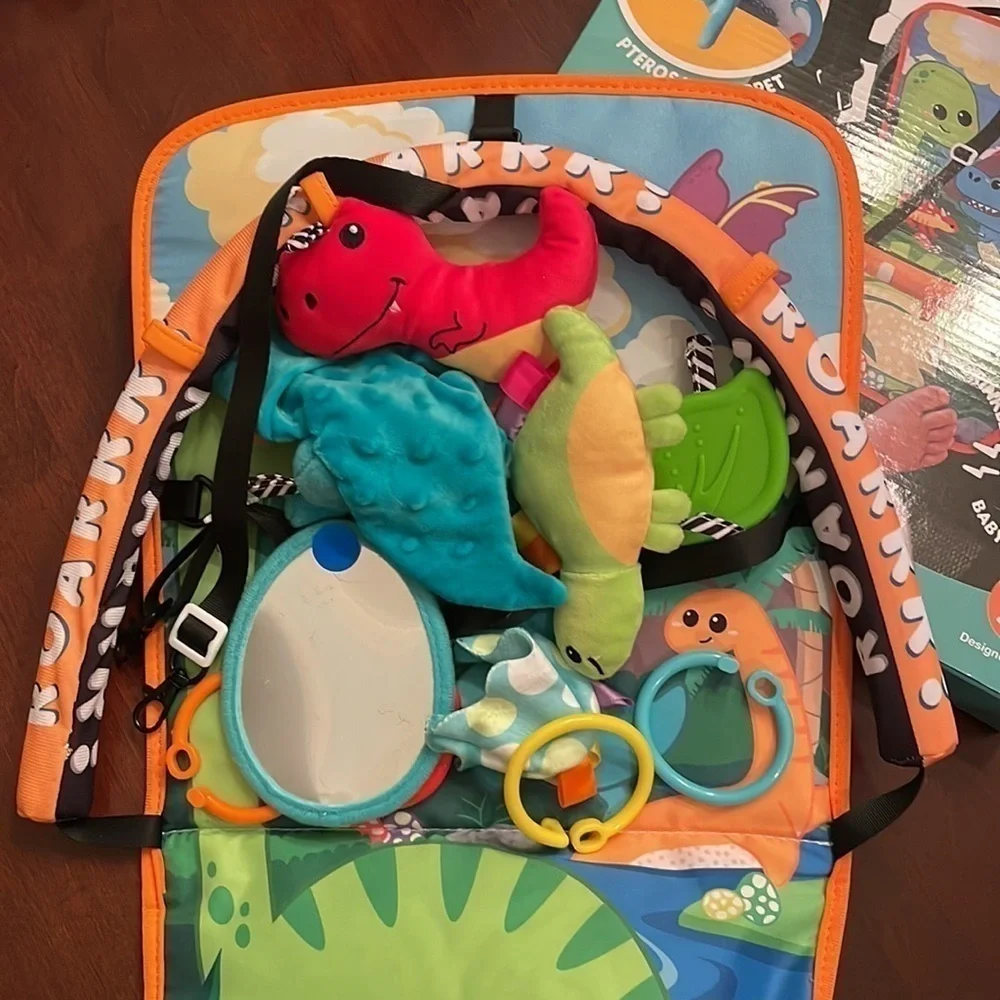 Brand New Baby Car Seat Toy Dinosaur Double-Sided Travel Activity Plush Mirror